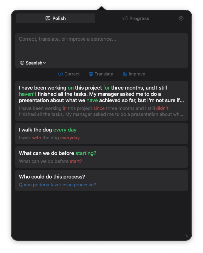 LingFix multilingual support showing Spanish corrections