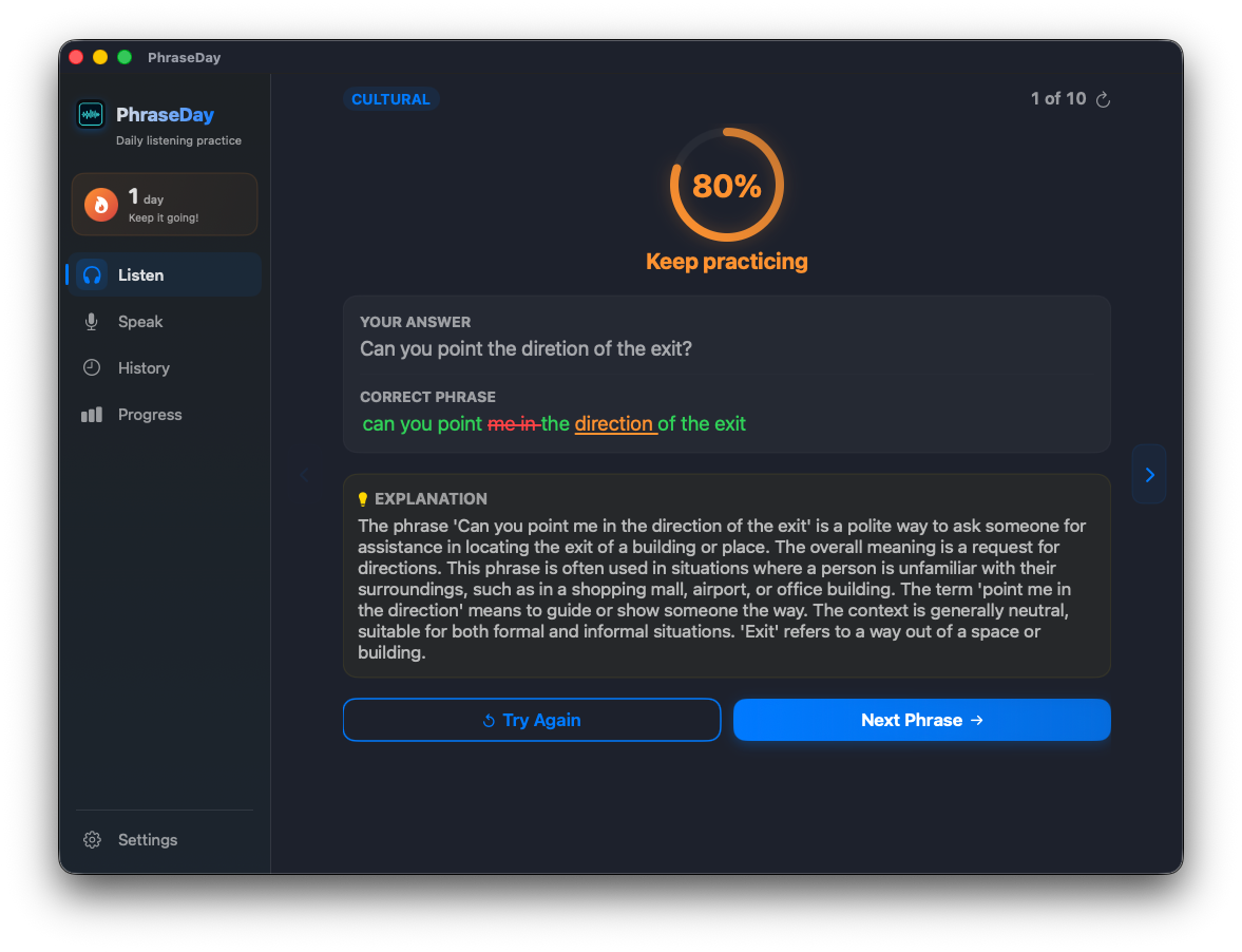 PhraseDay — Listen practice