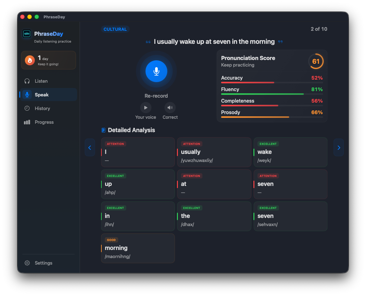 PhraseDay Speak — pronunciation analysis